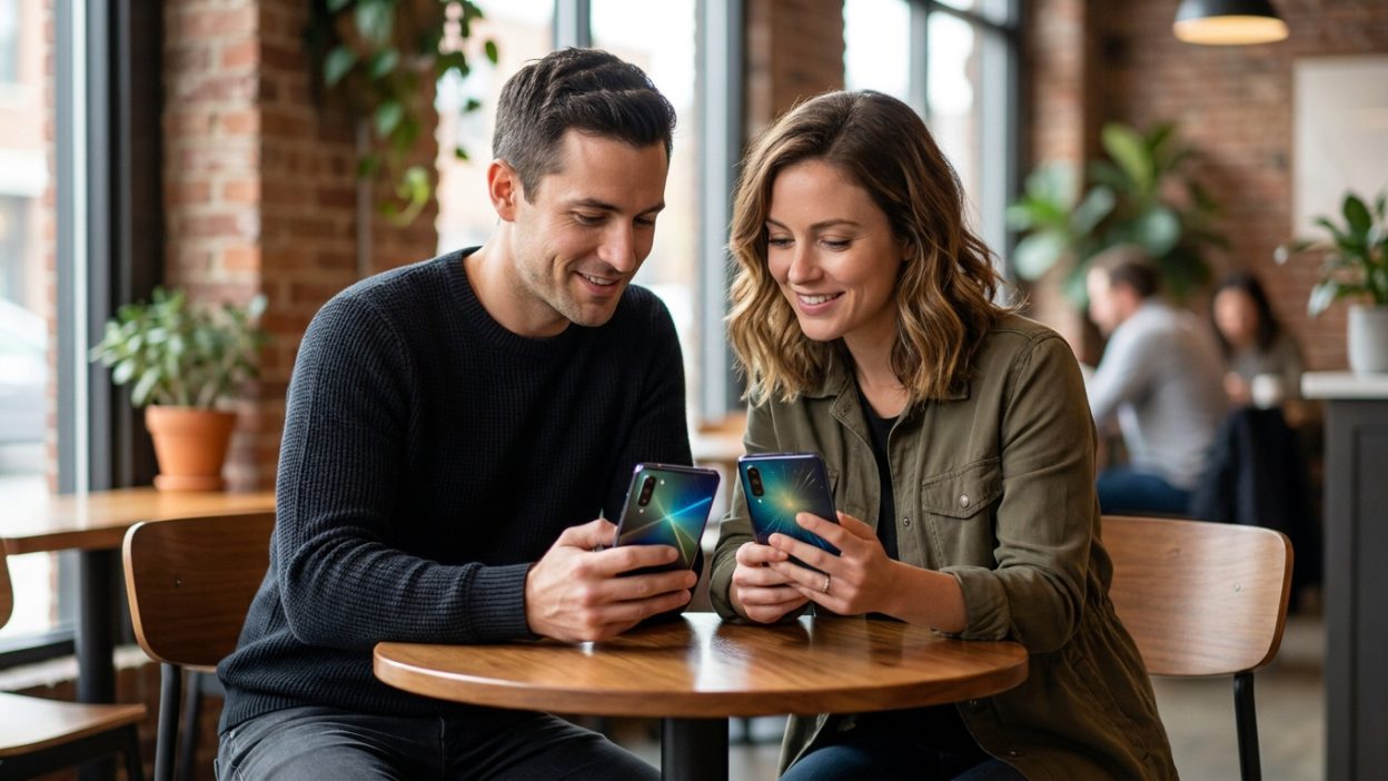 Un couple souriant assis à une table de café, consultant leurs smartphones avec complicité.