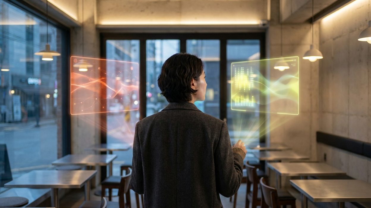 Une personne regarde deux interfaces numériques holographiques dans un café moderne, illustrant le choix d'applications.
