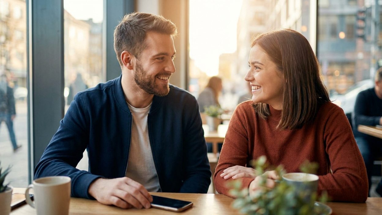 Un jeune couple souriant et complice discute en se regardant dans un café lumineux.