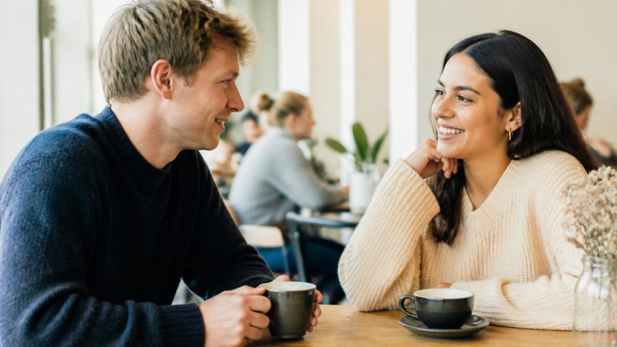 Un jeune couple souriant discute et partage un café lors d'un rendez-vous dans un café chaleureux.