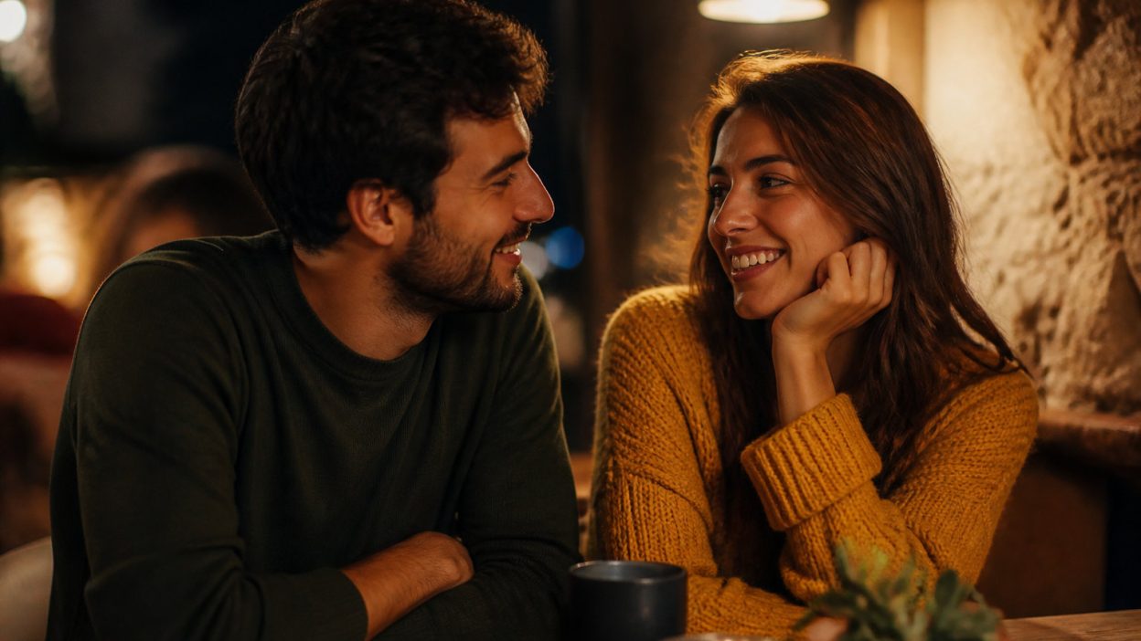 Un jeune couple souriant et complice se regarde intensément lors d'un dîner en tête-à-tête dans un café chaleureux.