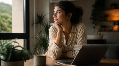 Une femme pensive assise devant son ordinateur portable à côté d'une fenêtre.