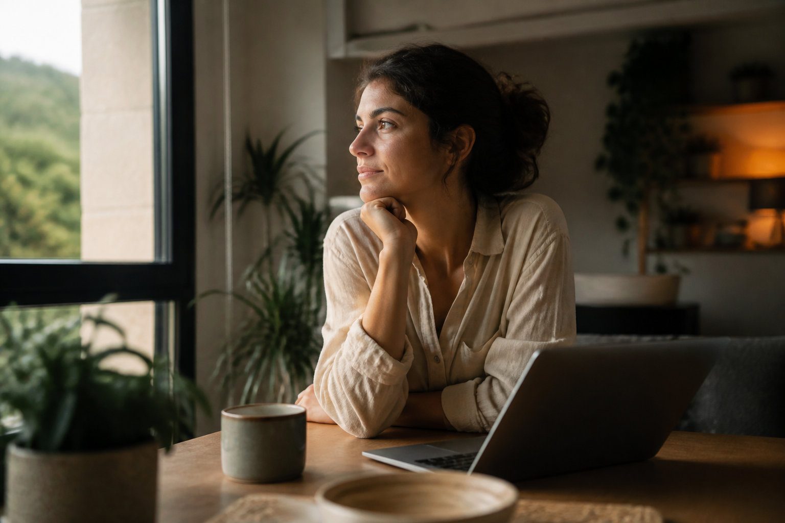Une femme pensive assise devant son ordinateur portable à côté d'une fenêtre.