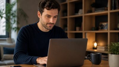 Un jeune homme concentré utilise son ordinateur portable dans un intérieur chaleureux.