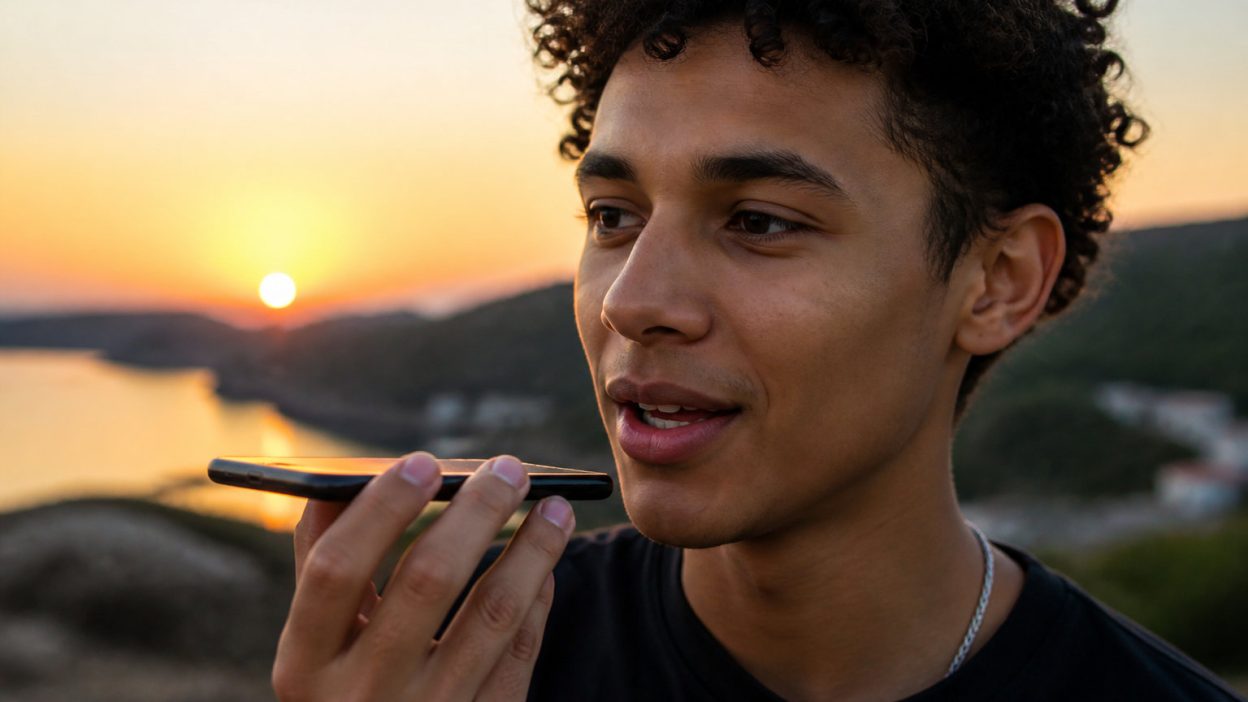 Un jeune homme aux cheveux bouclés parle dans son smartphone au coucher du soleil avec une mer en arrière-plan.