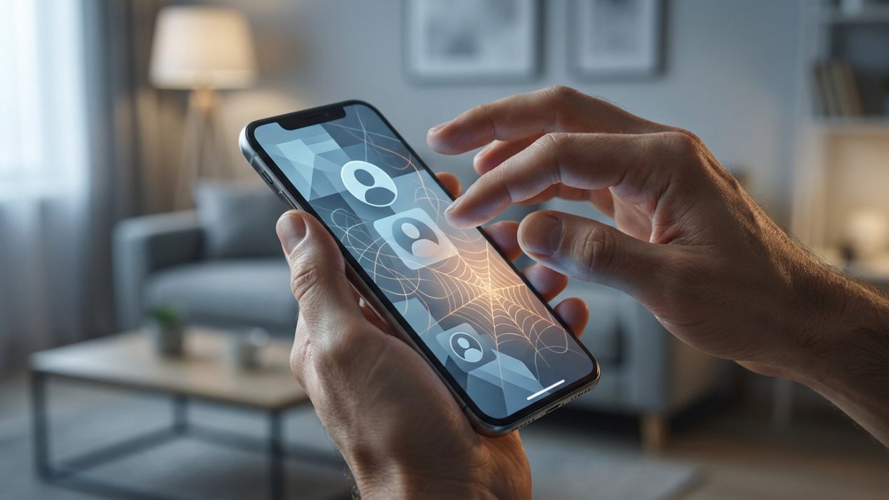 Mains tenant un smartphone avec des icônes de profils utilisateur prises dans une toile d'araignée numérique.