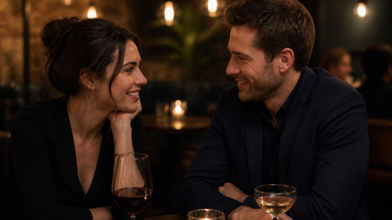 Un couple souriant se regarde avec tendresse lors d'un rendez-vous galant dans un restaurant à la lumière des bougies.