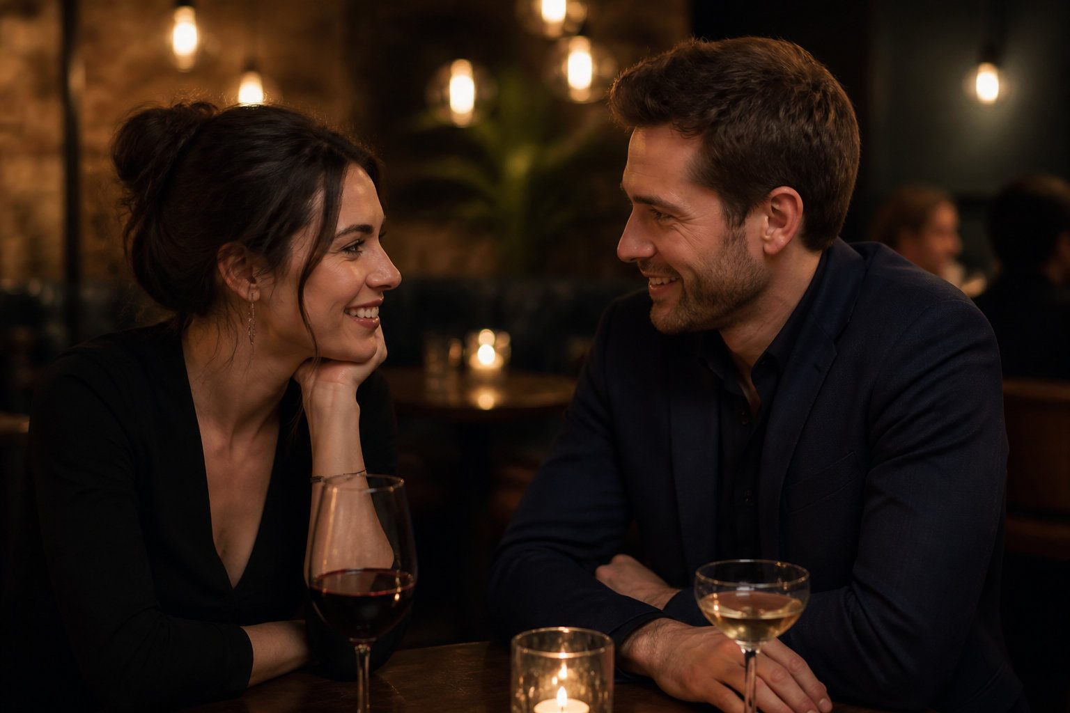 Un couple souriant se regarde avec tendresse lors d'un rendez-vous galant dans un restaurant à la lumière des bougies.