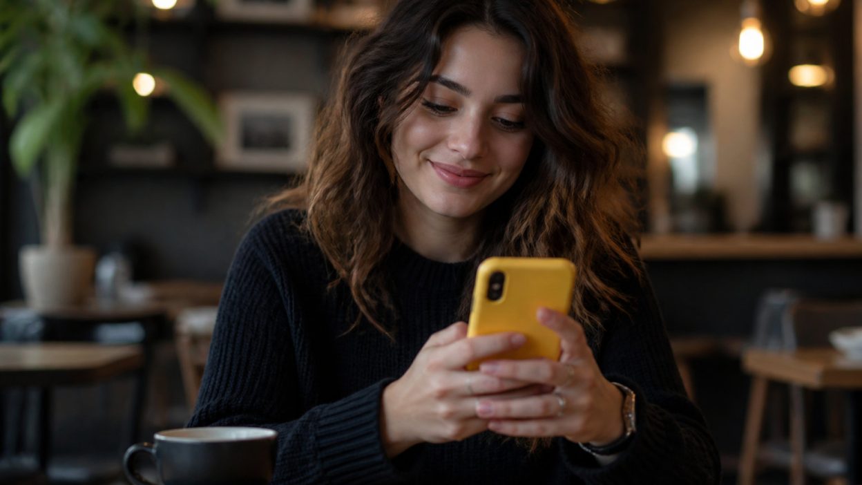 Une jeune femme aux cheveux bruns sourit en regardant son téléphone jaune dans un café chaleureux.